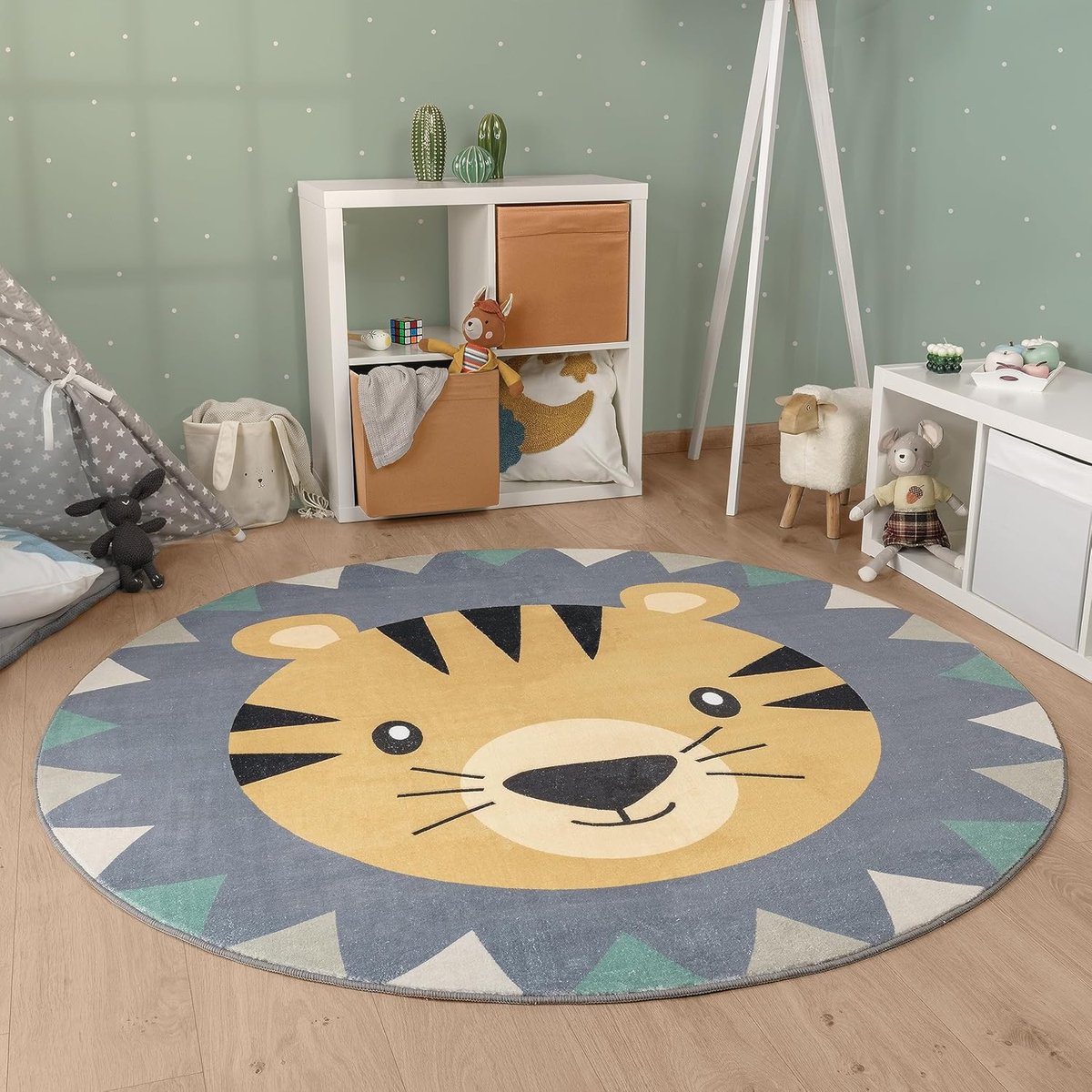 Home Tapijt Rond Voor Kinderen Vloerkleed Kinderkamer Leeuwenhoofd Berenhoofd Wasbaar In Wasmachine Modern, Maat:Ø 160 cm rondje, Kleur:Veelkleurig