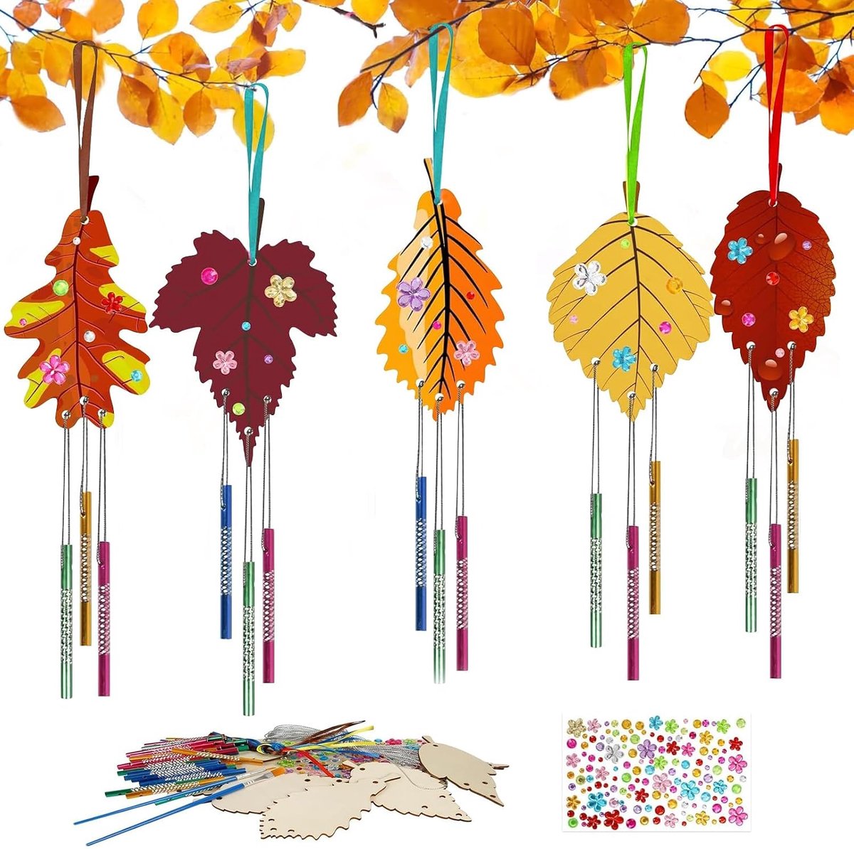 knutselen voor kinderen, 12 stuks, esdoornblad, windgong, knutselset met pensel/edelsteenstickers, houten decoratieve hanger, herfst, houten hanger om te beschilderen, geschenken voor meisjes