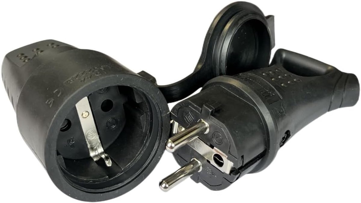 2 stuks, veiligheidsstekker van rubber, vliegende geaarde stekker van rubber, waterdicht IP44, 16 A 250 V Max 3500 W (1 stekker + 1 stopcontact), zwart