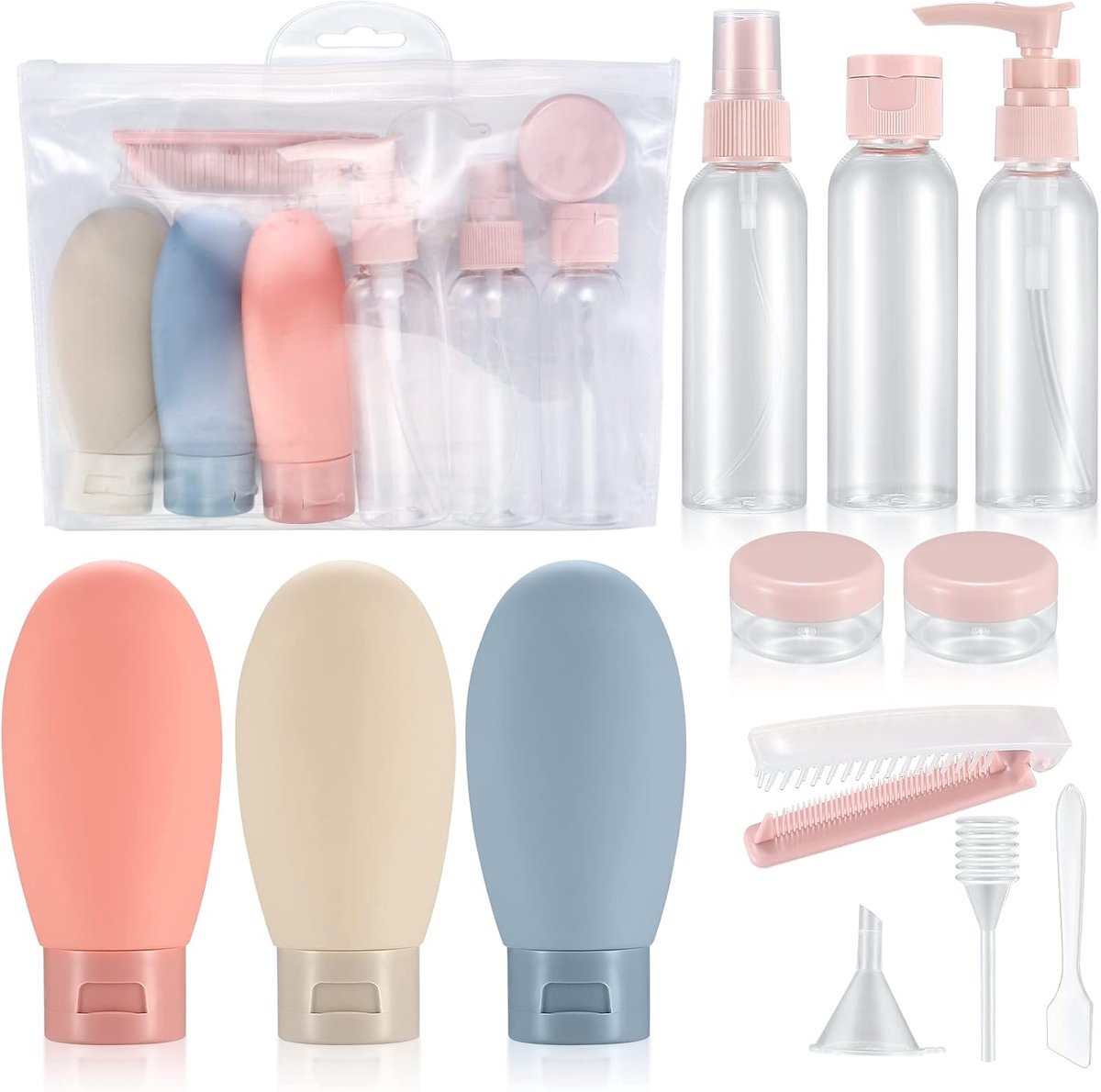 12-delige reisflessenset, 60 ml reisflessen en -containers | lege hervulbare knijpflessencontainers, samendrukbare reisflessenset voor reistoiletartikelen, shampoo, conditioner