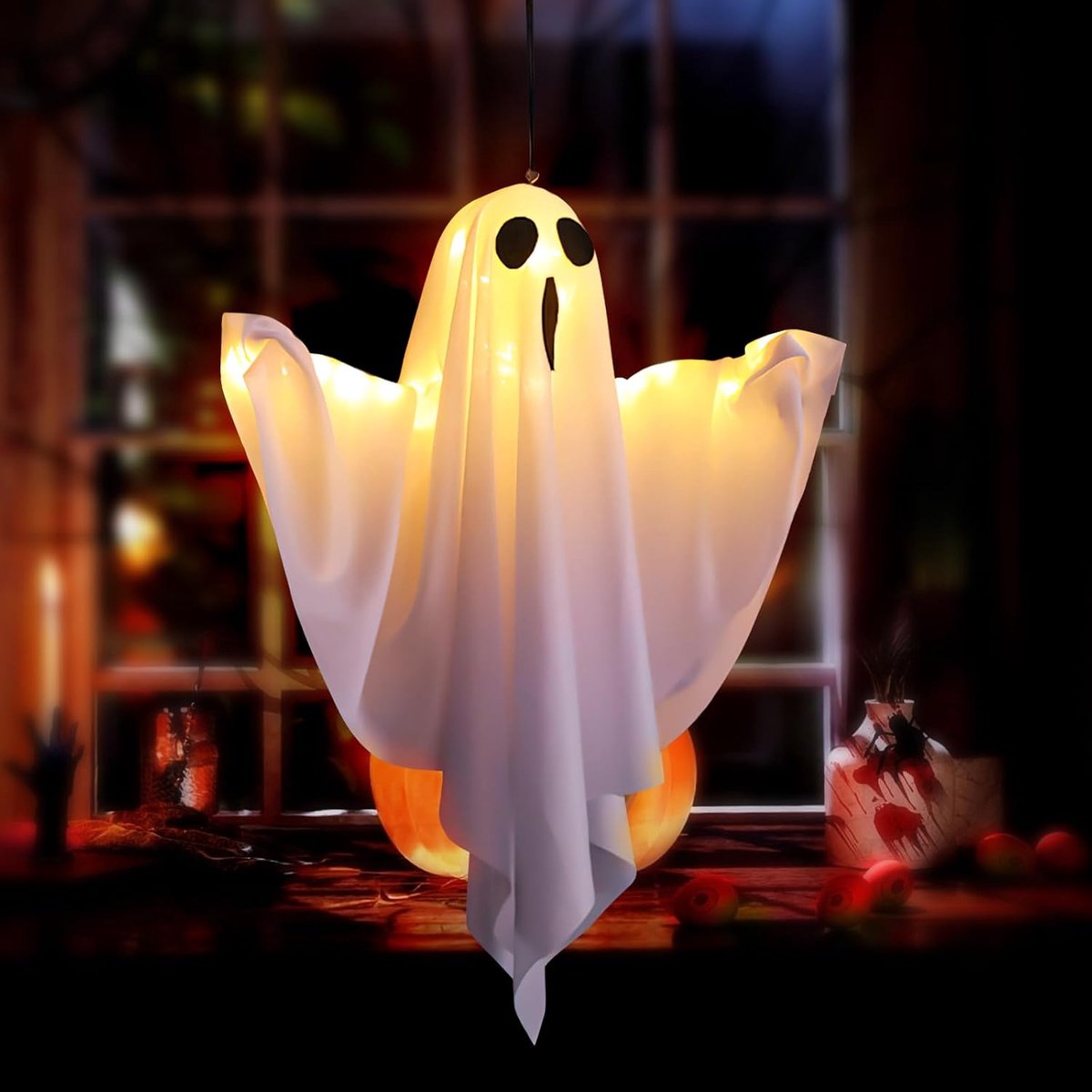 Halloween decoratie, hangende spoken met ledlicht, hangende lichtgevende geest, vliegende geest, windzak, hangdecoratie, skelet, geest, wit, voor thuis, tuin