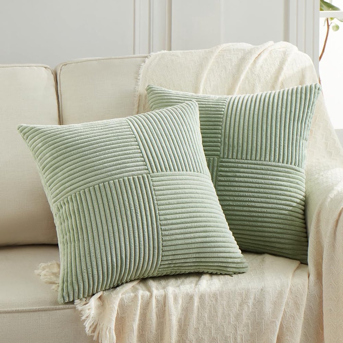 Set van 2 kussenhoezen, boho, corduroy, 45 x 45 cm, lichtgroen, zacht, decoratief, klassiek patroon met gekruiste strepen, onzichtbare ritssluiting, voor bank, bed, thuis