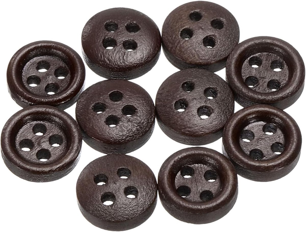 30 stuks 16L houten naaiknop 3/8" (10mm) 4 gaten ronde knopen van hout vervanging voor kleding doe-het-zelf handwerk decoratie, donkerbruin