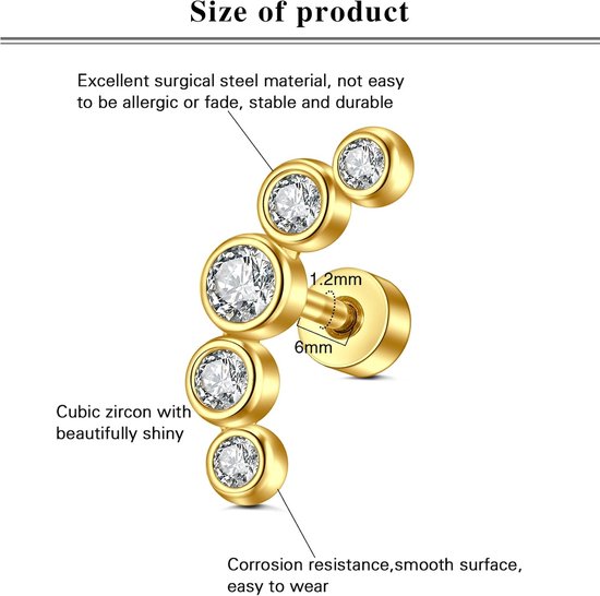 Gouden Kraakbeen Helix Oorbellen Voor Vrouwen CZ 16G Rvs 6mm Tragus Conch Labret Oor Piercing Sieraden — afbeelding 2