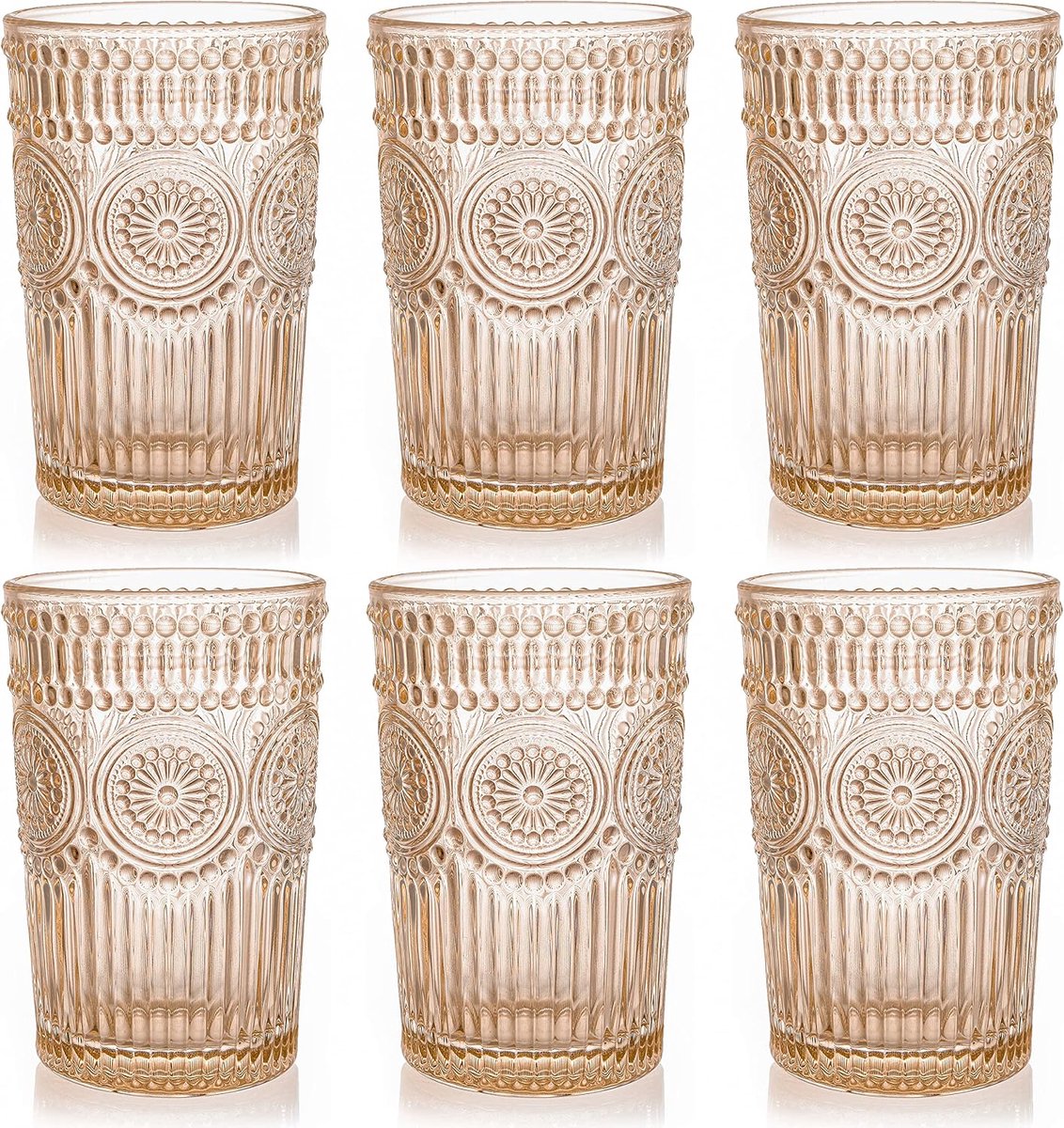 6 Pack 350ml Colored Drinking Glasses, 12oz Premium Glassware Set for Water, Juice, Beverages, Cocktail - Romantic Embossed Design - for Wedding Party, Daily Use