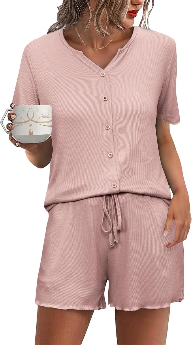 Pyjama voor dames, zomer, korte mouwen, button-down, nachtkleding, zachte V-hals, nachtkleding, loungewear set met trekkoord
