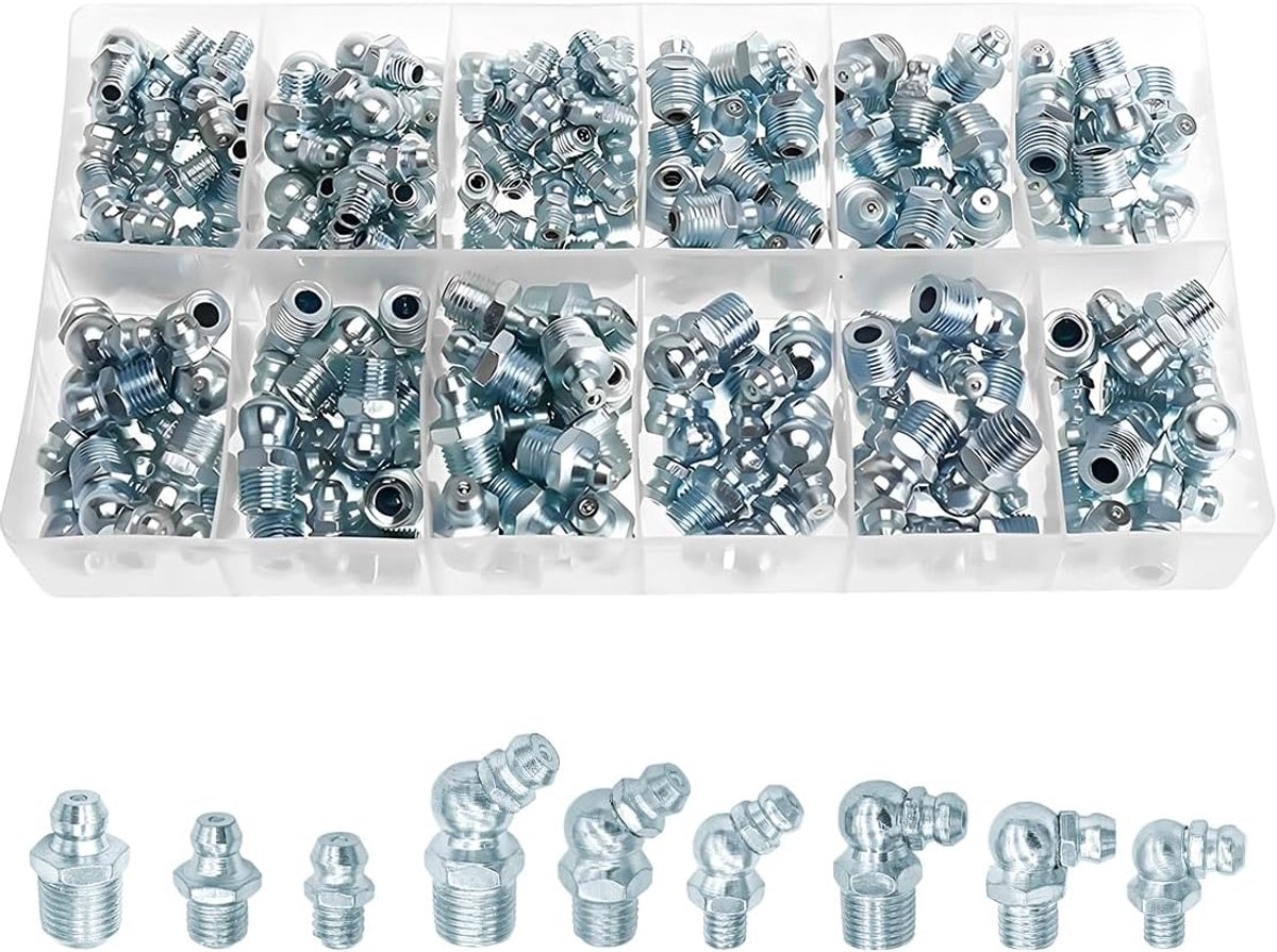 110 stuks smeernippelassortiment, kegelnippel voor vetpers, recht 90°, schuin 45° M6 M8 M10, hydraulische smeernippelset, vervangende smeernippel-assortimentset