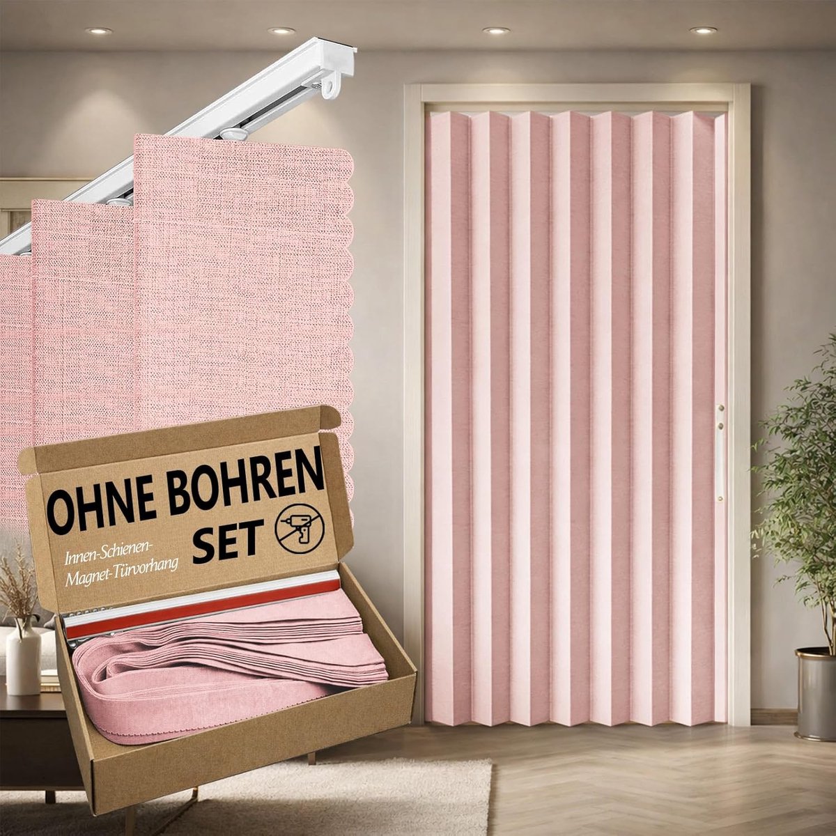 100% ondoorzichtig deurgordijn, opvouwbaar accordeon-design met magneetsluiting en kleefmontage zonder boren, incl. rail, voor terrasdeuren of glazen deuren, roze, 201 x 180 cm