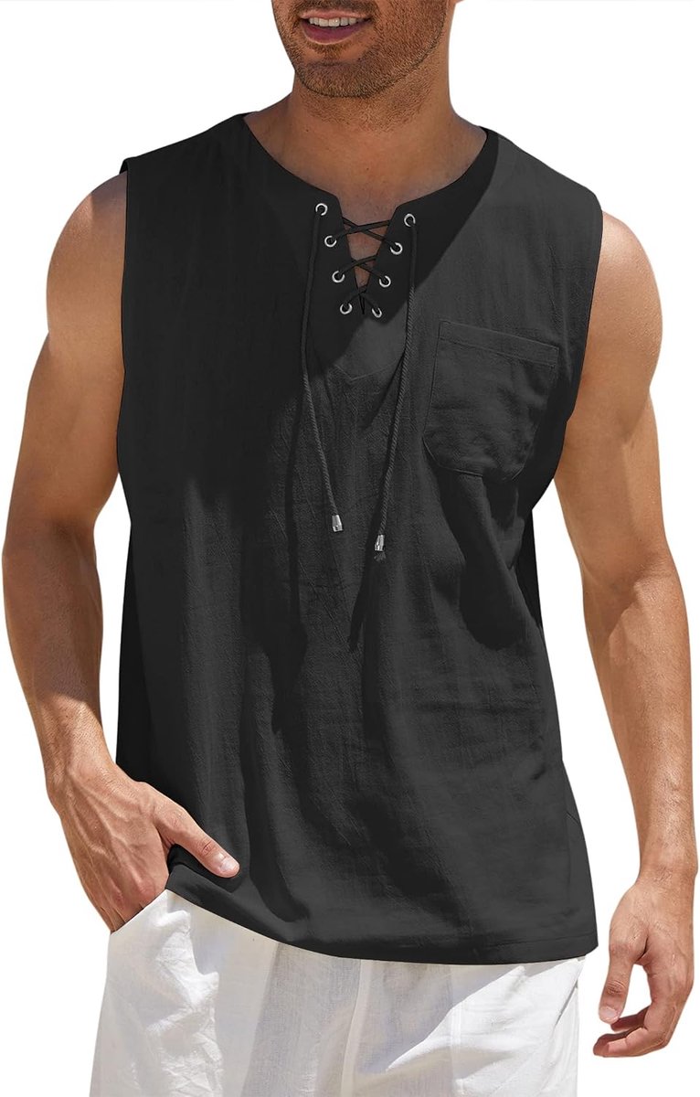 Henley tanktop voor heren Katoenen mouwloos shirt Heren Zomer Strand Casual Hippie Strandhemd