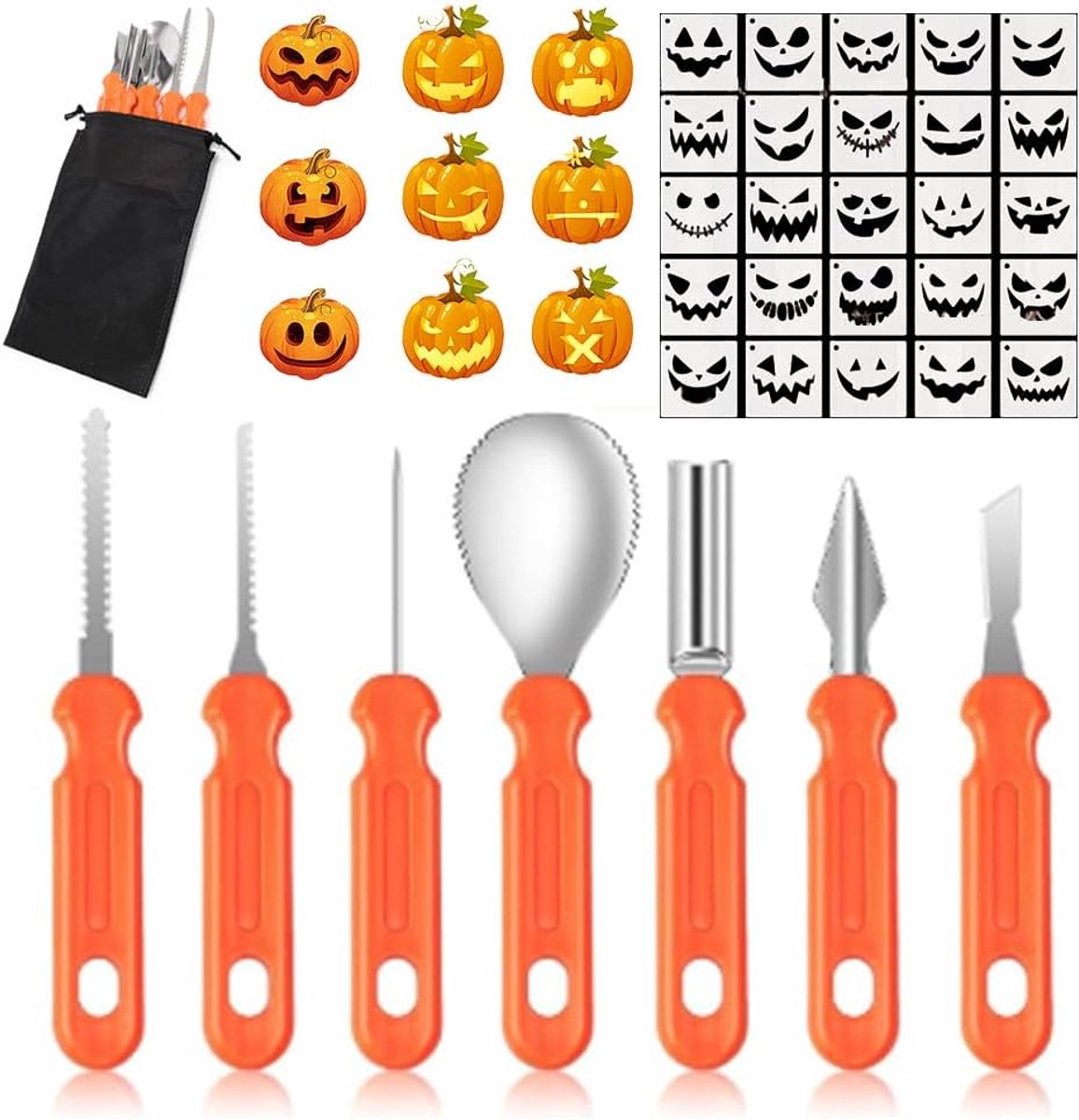 pompoensnijset voor kinderen en volwassenen, 7 stuks snijgereedschap, pompoen, 24 stuks, Halloween pompoensjablonen, doe-het-zelf pompoen snijgereedschap met draagtas, pompoensnijset