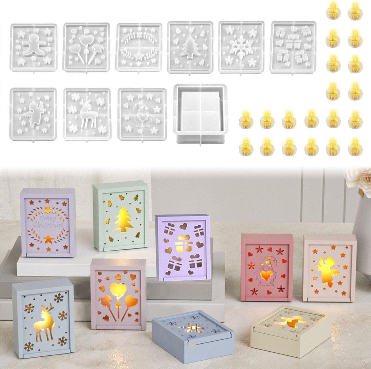 gietvormen voor Pasen, 10 stuks geschenkdoos, siliconen mal voor Pasen met 20 ledballonlampen, gietvorm voor Pasen met eland, boom, ster, gips om te gieten, siliconen, Valentijnsdag