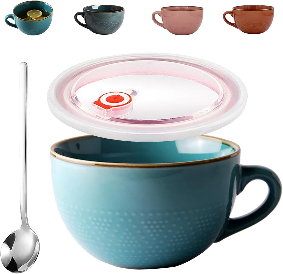 mok van keramiek, soepkopjes met handvat, 700 ml, grote soepkom, geschikt voor melksalade, keramische mok met handvat, cadeau koffiemok, met deksel en lepel (blauw)