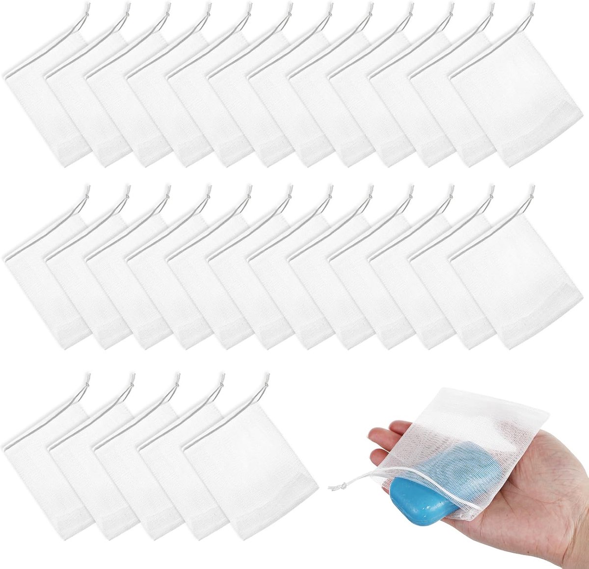 30 stuks mesh zeepzak, exfoliërende mesh zeepspaarzak, schuimende net zepen zak met trekkoord lichaam gezichtsreinigingsgereedschap voor bad douche wit