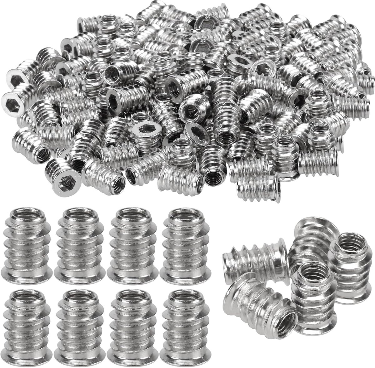 M6 x 15 mm, schroefmoeren voor hout M6 inschroefmoeren hex binnenzeskant schroefdraadinzetstuk verzinkt staal voor houten meubels, 200 stuks