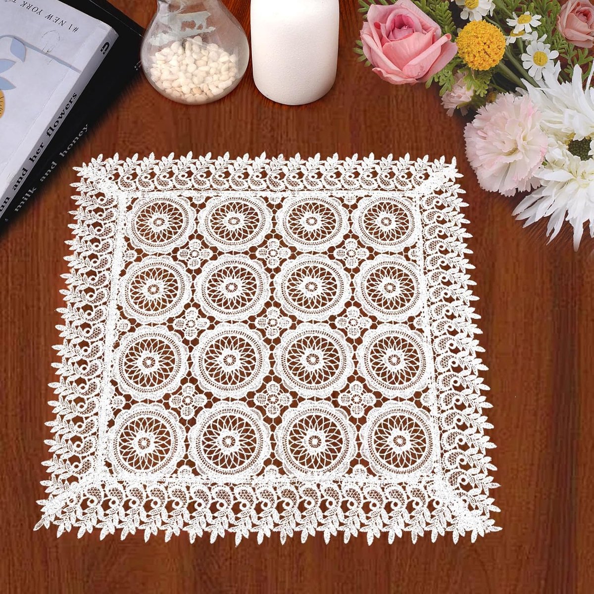 kanten kleedje, wit hol bedrukt bloemtafelkleed geborduurde tafeltopper kant placemats voor dressoirs en eindtafels hoes, 60 x 60 cm