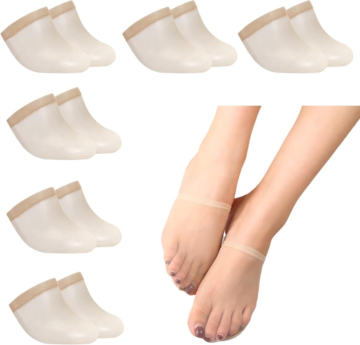 Sokken, 6 paar gevoerde halve sokken, zonder open teen, antislip, verborgen teenbescherming, hoge hakken, bootschoenen, sneakers, Lefo-schoenen, NUDE, 36-42 EU