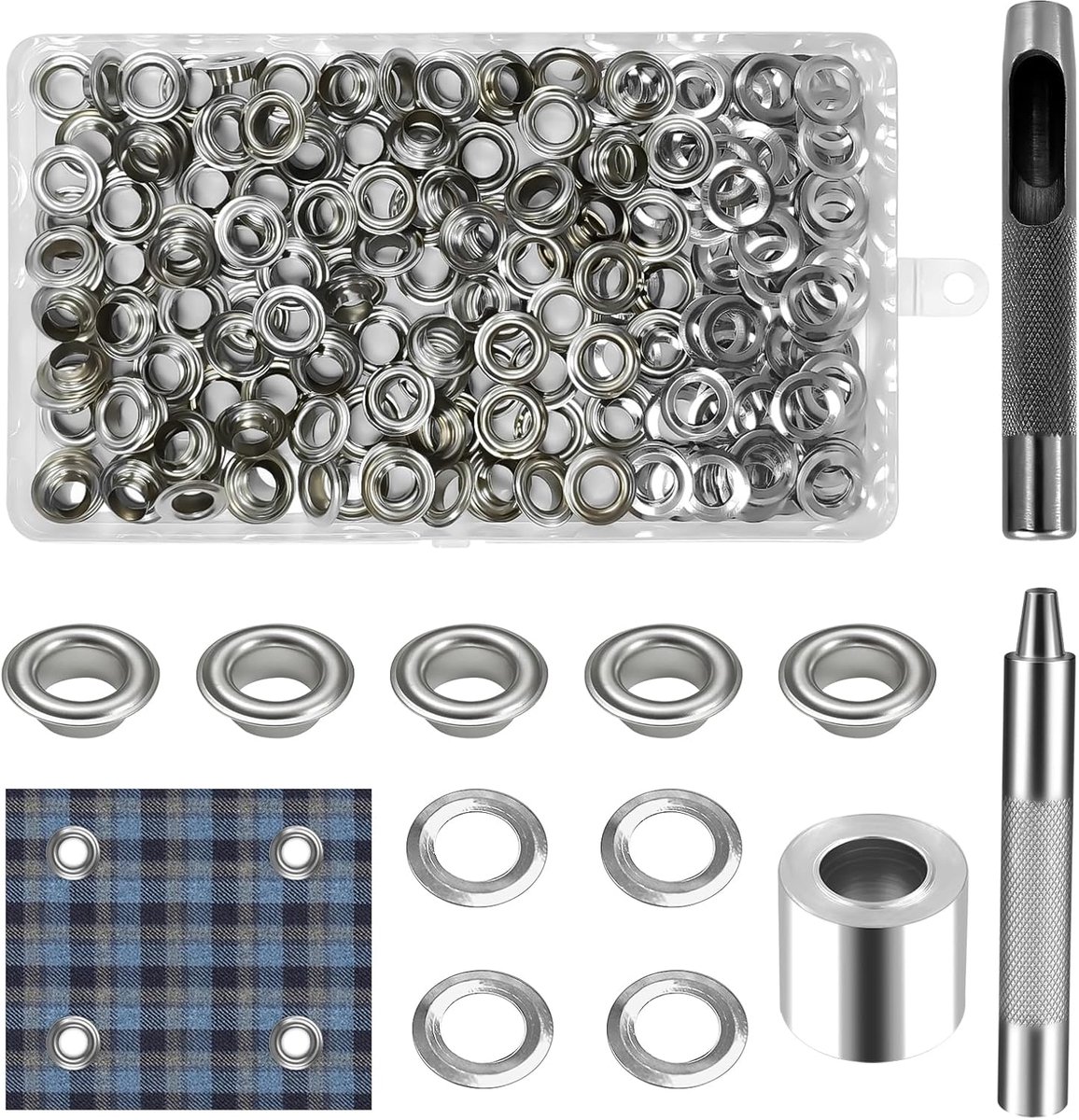 120 stuks ooggereedschapsset, met metalen sokkel (8 mm) | Grommet oogjesset, metalen ogen koper, oogpons, klopstaaf, ogen voor doe-het-zelf, leer, schoenen, ambachtelijke stof, tenten