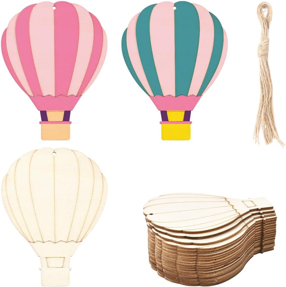 20 stuks hete luchtballon houten uitsparingen, onafgewerkte houten ornamenten met touw blanco hangende tags voor doe-het-zelf ambachten schilderen kerst bruiloft Thanksgiving Pasen