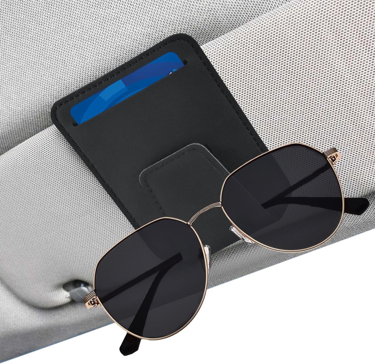 Zonnebrilhouder voor auto zonneklep, PVC-lederen bril- en kaartenclip, lichtgewicht accessoire van 29g, universeel passend, blokkeert het zicht niet, zwart