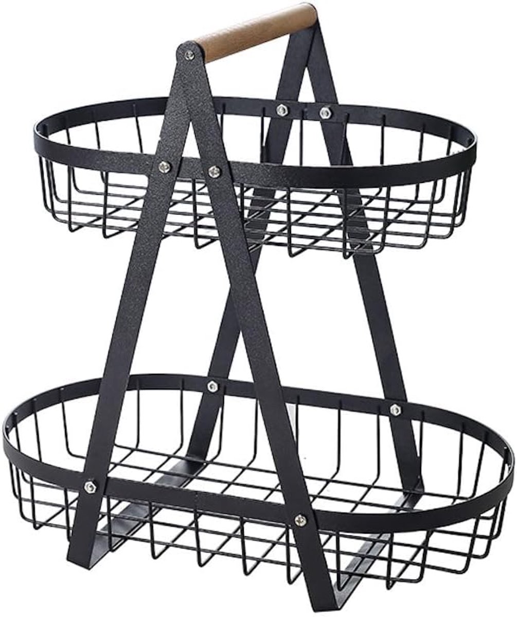2-Laags Fruit Etagere Ovaal Metaal Zwart - Moderne Fruitschaal met 2 Lagen - Ruimtebesparend Fruitrek en Fruitmand - 32 x 18 x 31 cm - Stijlvol Keuken Accessoire