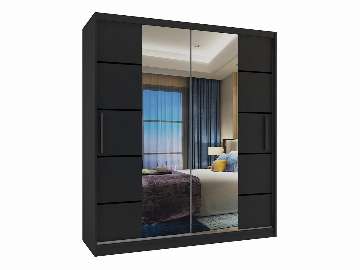 BELINI Verona ME Schuifdeurkast 133 cm Zwart Mat - Kledingkast met Spiegel - Comfort Line Slaapkamerkast