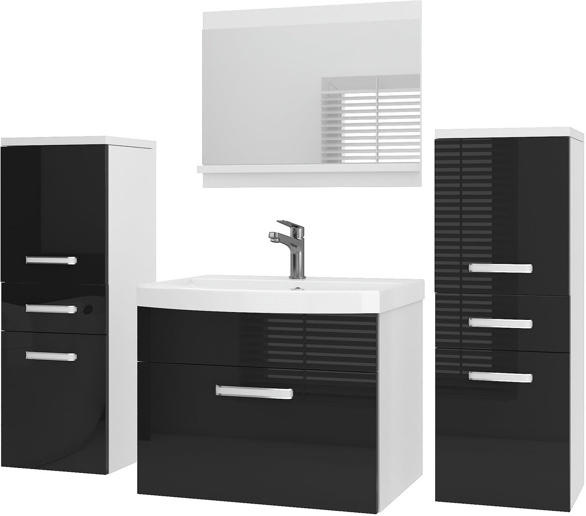 BELINI Badkamermeubel Set PRI P4 - Badmeubelset 120 cm Zwart Hoogglans met Wastafel en Spiegel - Wandmontage
