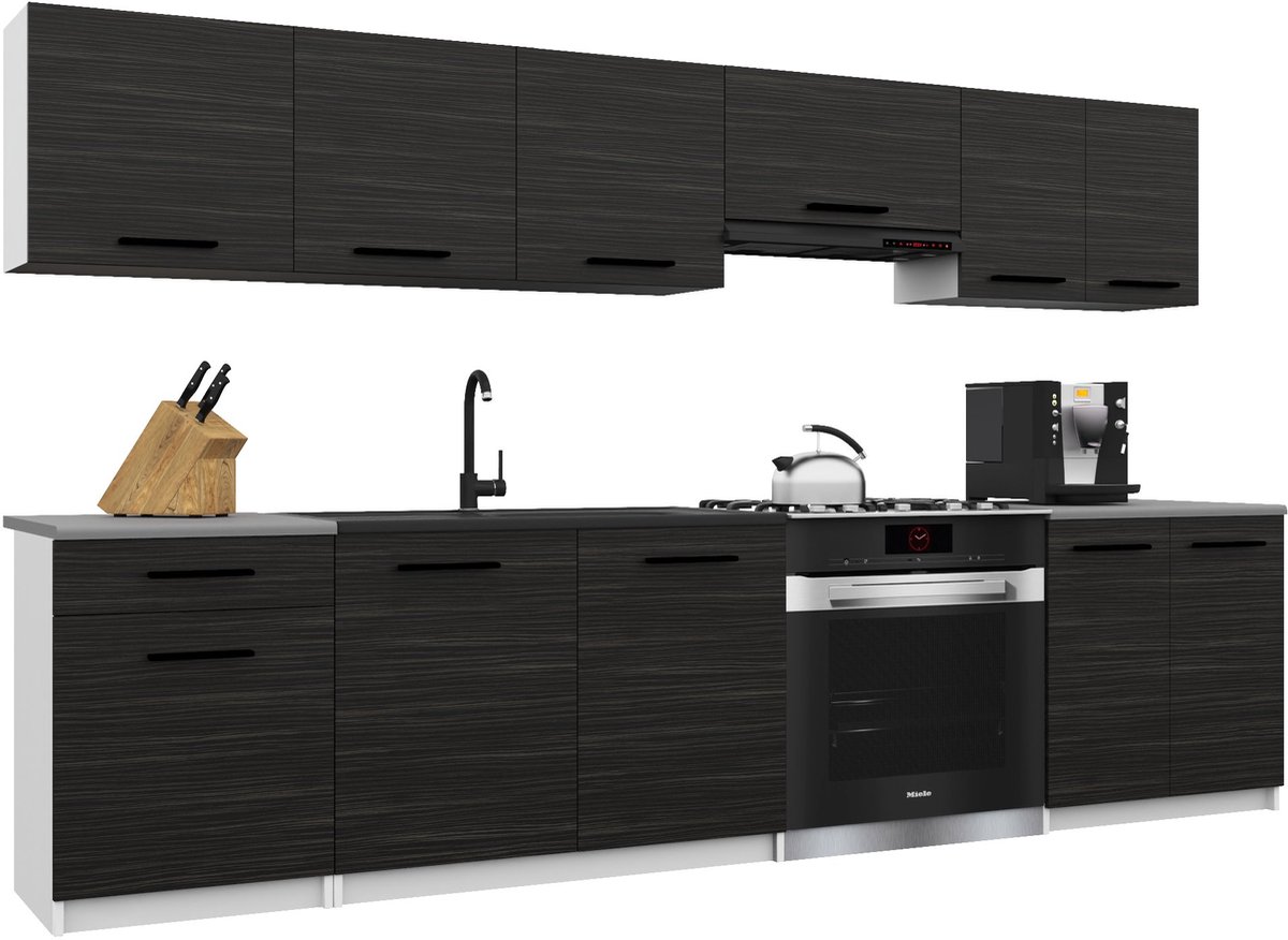 BELINI Keukenblok ITALIA 2 - Keukenmeubel Set 240 cm Ebbenhout met Werkbladen - Boven- en Onderkasten