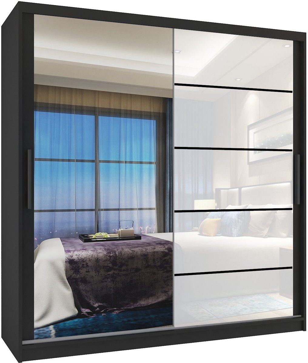 BELINI Verona MGB Schuifdeurkast 158 cm Zwart/Wit Hoogglans - Kledingkast met Spiegel - Comfort Line Hoogglans