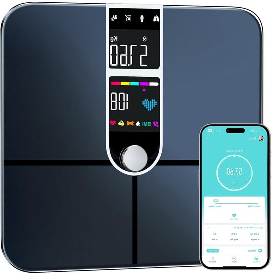 Balance corporelle numérique noire avec grands chiffres et icônes colorées, à côté d'un smartphone affichant l'application de santé.