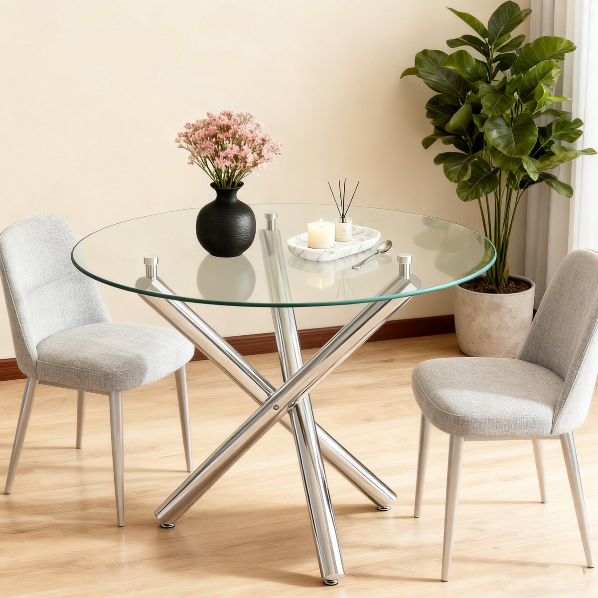 DESMIU Eettafel - Ronde Tafel Met Gehard Glas En Metalen Poten - Voor Eethoek En Woonruimte - Glas En Metaal - 80x80x77 Cm - Zilver