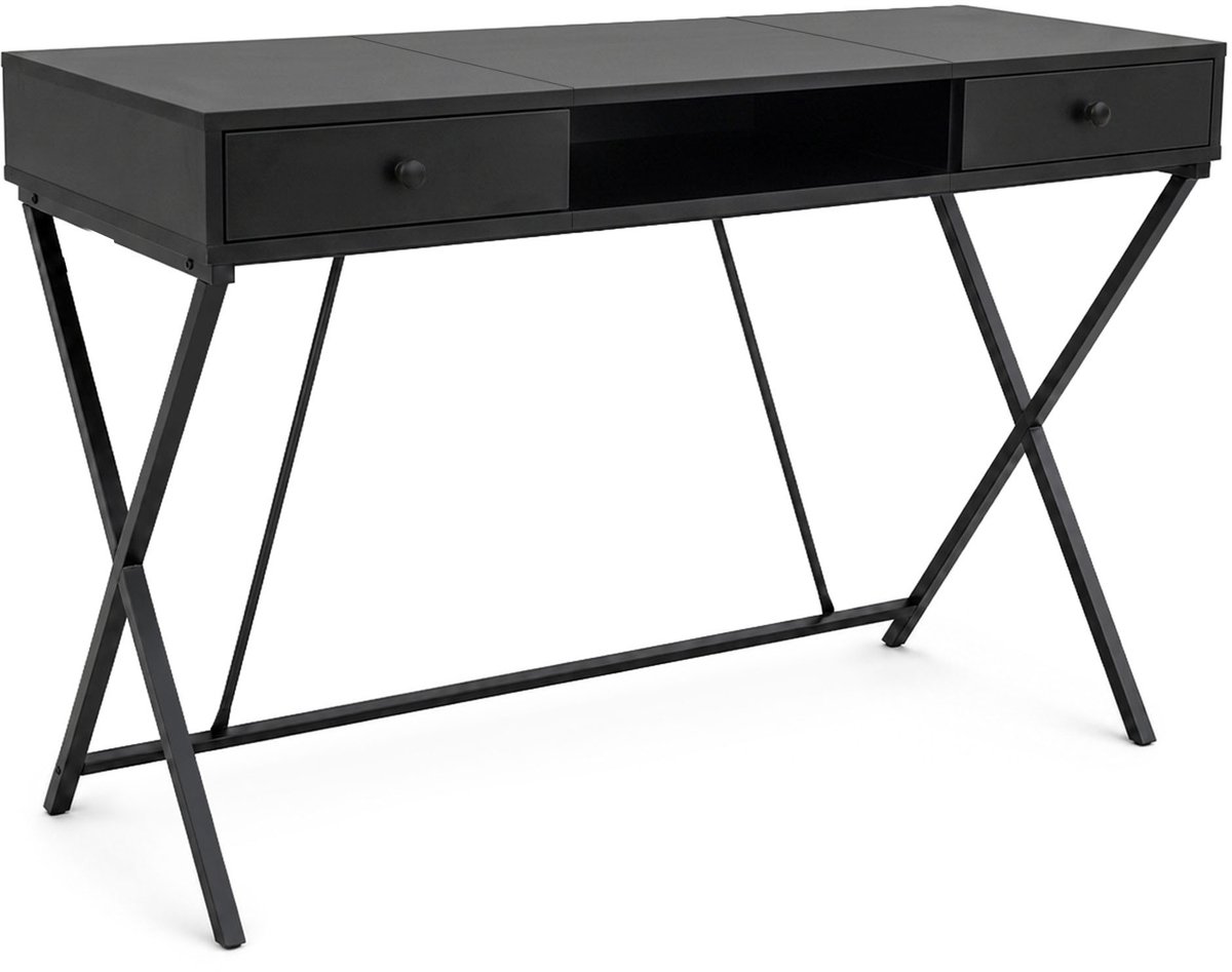 Computertafel Bureau CROSSLINE / Industrieel / Zwart / 120 cm / 2 Lades / 1 Plank / Zwarte Poten