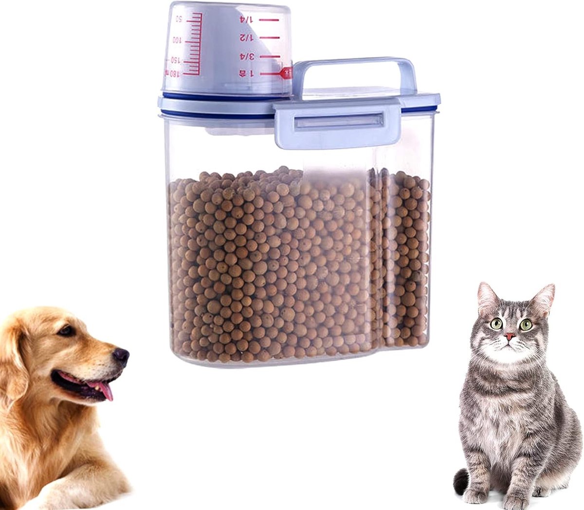 Luchtdichte voedselopslagcontainer voor honden en katten met maatbeker - 1,5L, transparant en ideaal voor droogvoer en snacks