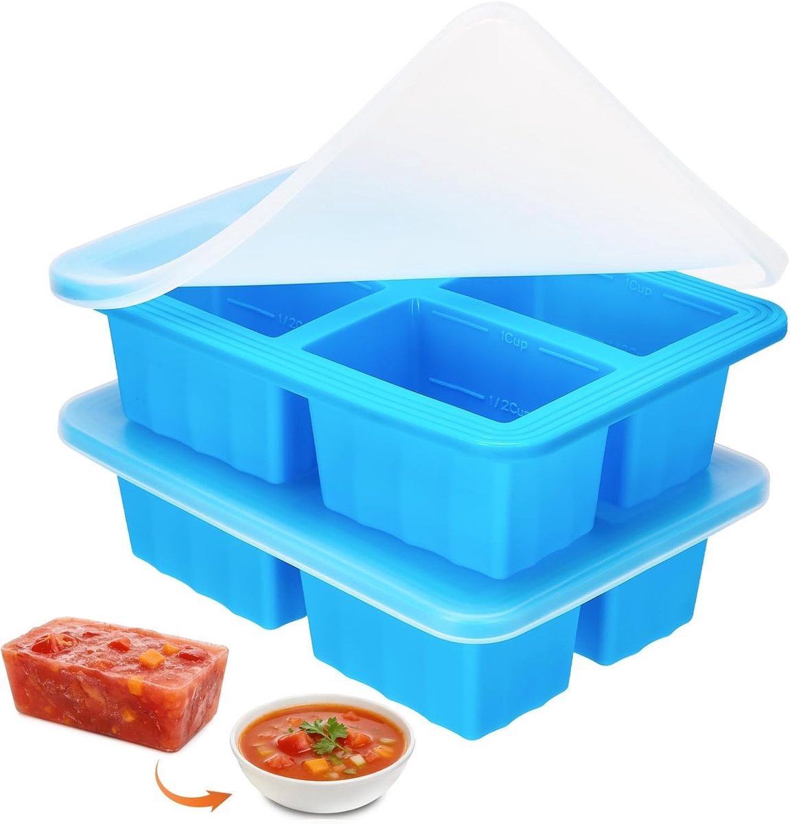 Set van 2 Extra Grote Silicone Vriezercontainers met 4 Compartimenten voor Soep, IJsblokjes en Maaltijdvoorbereiding, Voedselveilig en Ideaal voor Bouillon en Sauzen