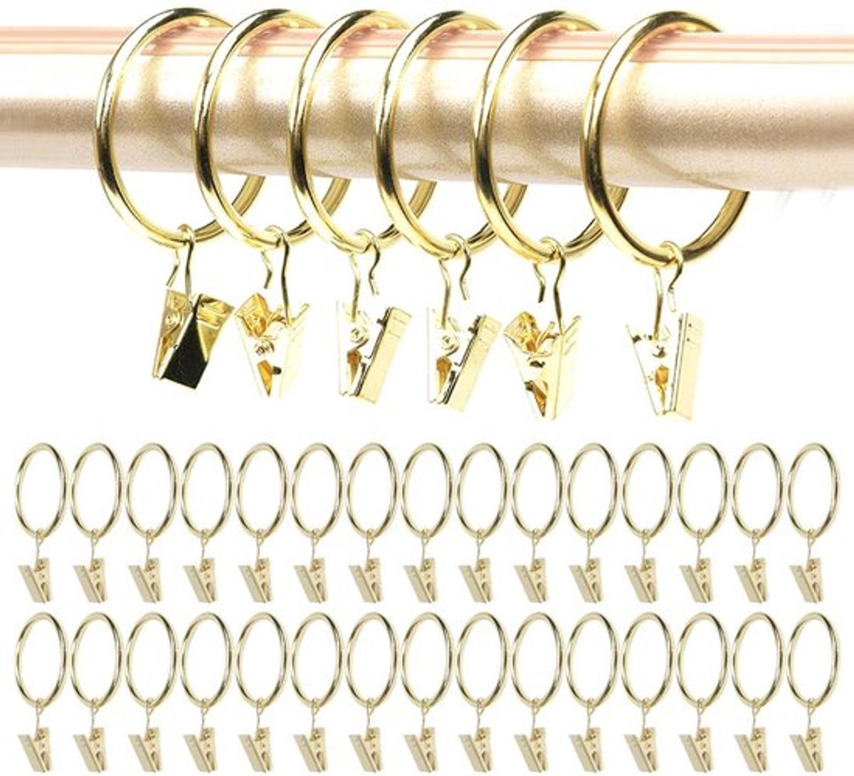 Gordijnringen 30 Stuks - Gouden Ringen met Haken - 32 mm Binnendiameter - Clips voor Gordijnen - Luxe Design - Veelzijdig Gebruik - Gordijnhaak