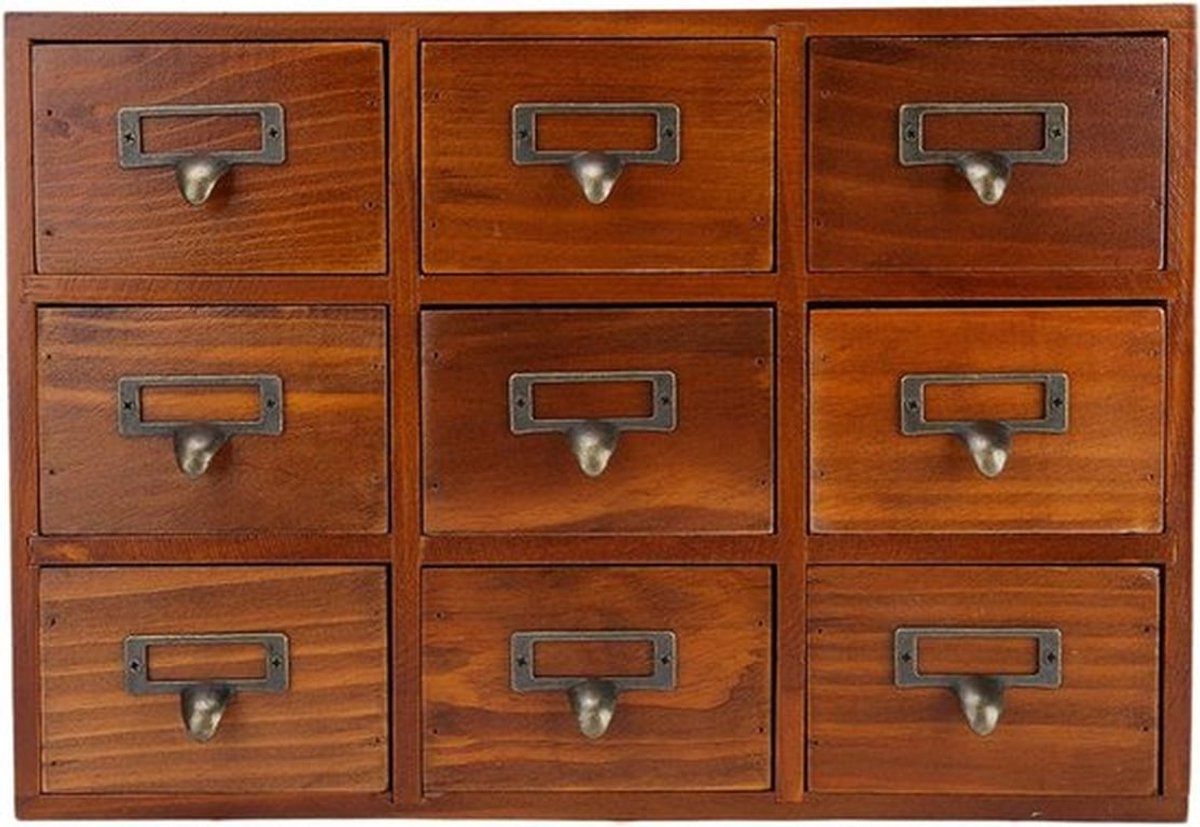 Antieke houten opbergdoos voor bureau met negen lades, ideaal voor sieraden en kleine accessoires