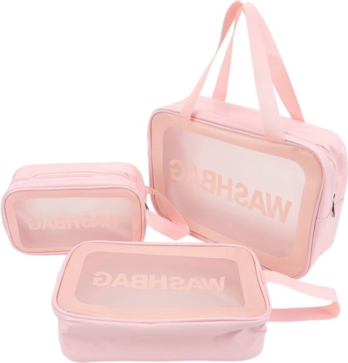 Driedelige Transparante Toilettas voor Vrouwen - Grote Capaciteit, Geschikt voor Reizen, Sport en Zwemmen, Roze