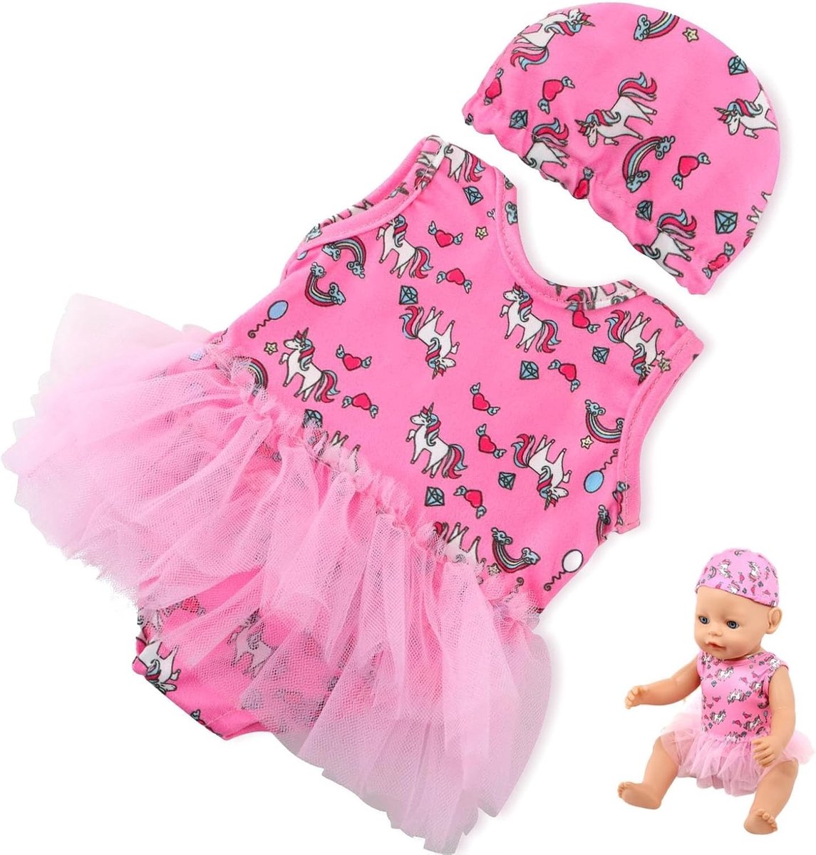 Zwemset voor Poppen, Eenhoorn Poppenkleding, Zomer Outfit en Accessoires voor Poppen van 35 - 45 cm, Perfect voor Kinderen en Zwemplezier in de Zomer