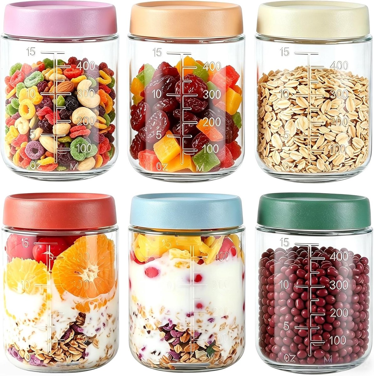 Set van 6 glazen voor overnight oatmeal, 500ml, ideaal voor meal prep, luchtdicht en inclusief maatbeker voor ontbijt en yoghurt