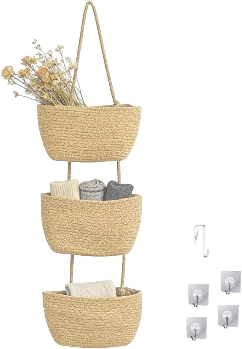 SnelShoppen - 3-laags Hängekorb van Katoen, Khaki, 105×31cm | Wand- & Deurorganizer met Deurhaken & Klebehaken, Boho Opbergmand voor Bad, Slaapkamer &