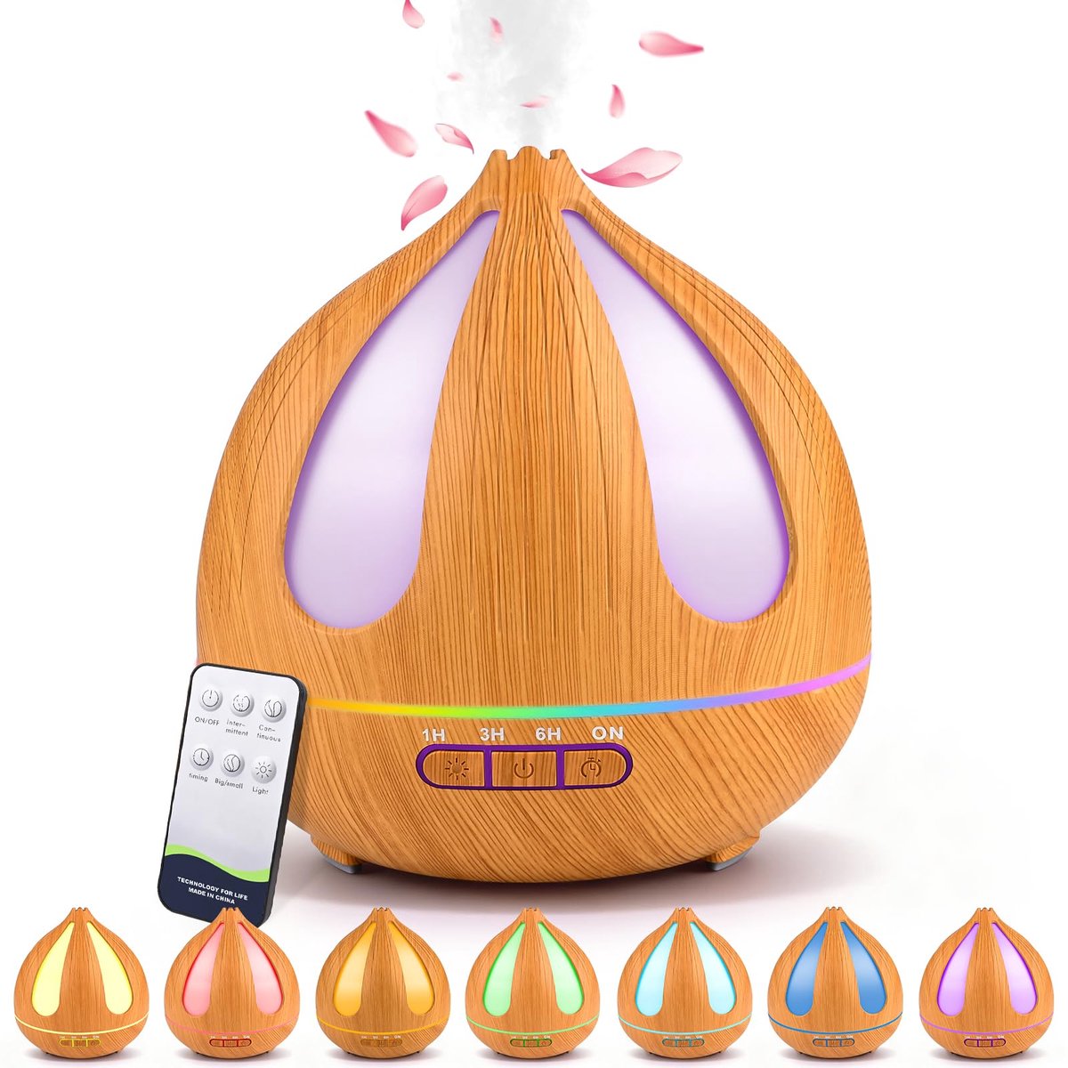 SnelShoppen - Ultrasone Aromadiffuser 500 ml met Afstandsbediening, Houtlook Luchtbevochtiger voor Slaapkamer, Yoga, 7 Kleuren LED, Aromatherapie met