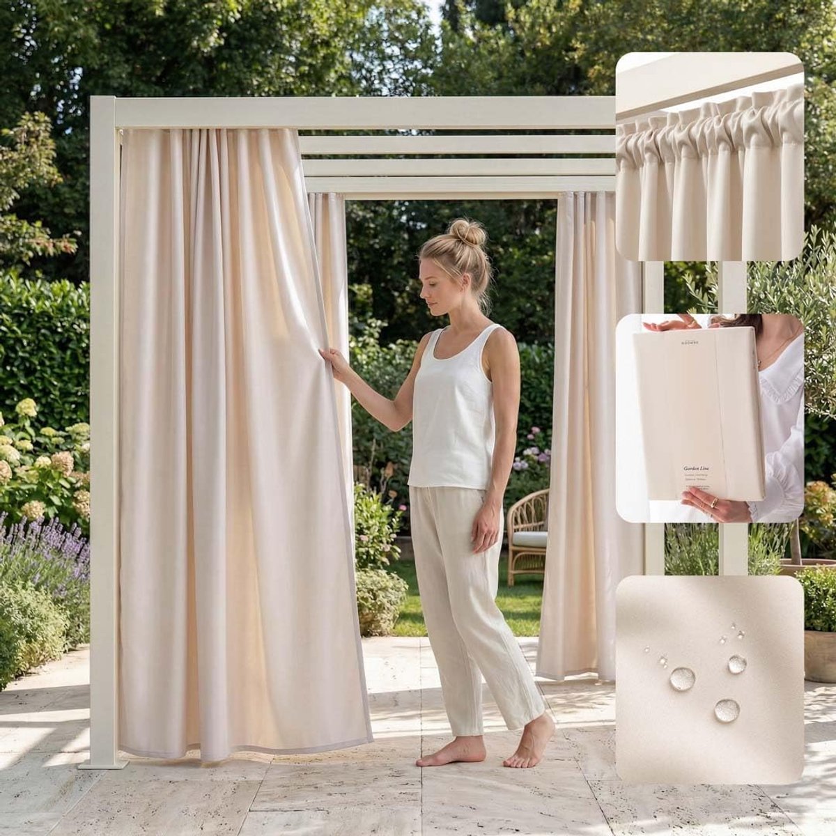 SnelShoppen - Outdoorgordijn met plooiband, 155 x 250 cm, weerbestendig en waterdicht, inkijkbescherming, zonwering voor tuin, lichtcrème, 1 stuk