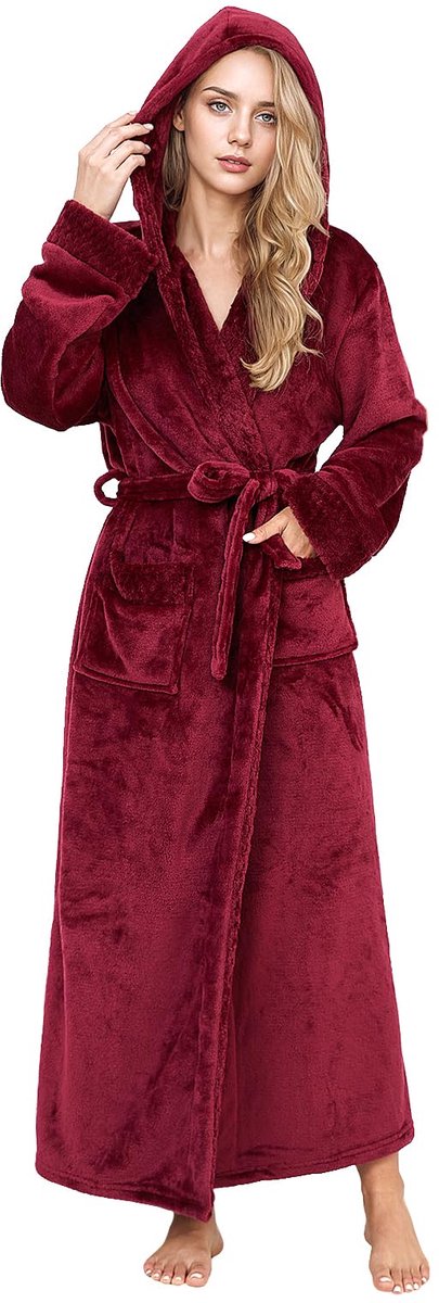 SnelShoppen - Warme Lange Badjas Dames - Winter Fluffy Badjas voor Vrouwen - Zachte Warm Kamerjas met Capuchon - Wijnrood - Maat 2XL-3XL voor Thuisgeb