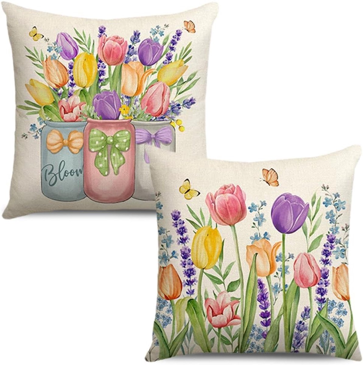 Set van 2 Kussenhoezen met Bloemen 40x40cm Decoratieve Kussens voor Bank en Woonkamer, Polyester Linnen, Voorjaars- en Zomerstijl met Tulpen en Vlinders