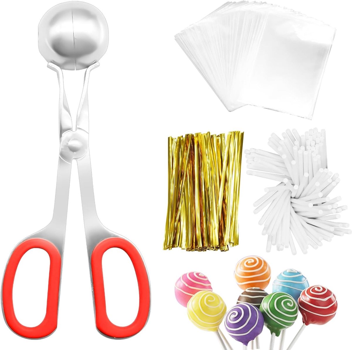 Lollipop Sticks en Wrappers Kit - 301 Stuks voor Cake Pops, Snoep en Chocolade met Papieren Stokken, Zakjes en Gouden Draadtjes