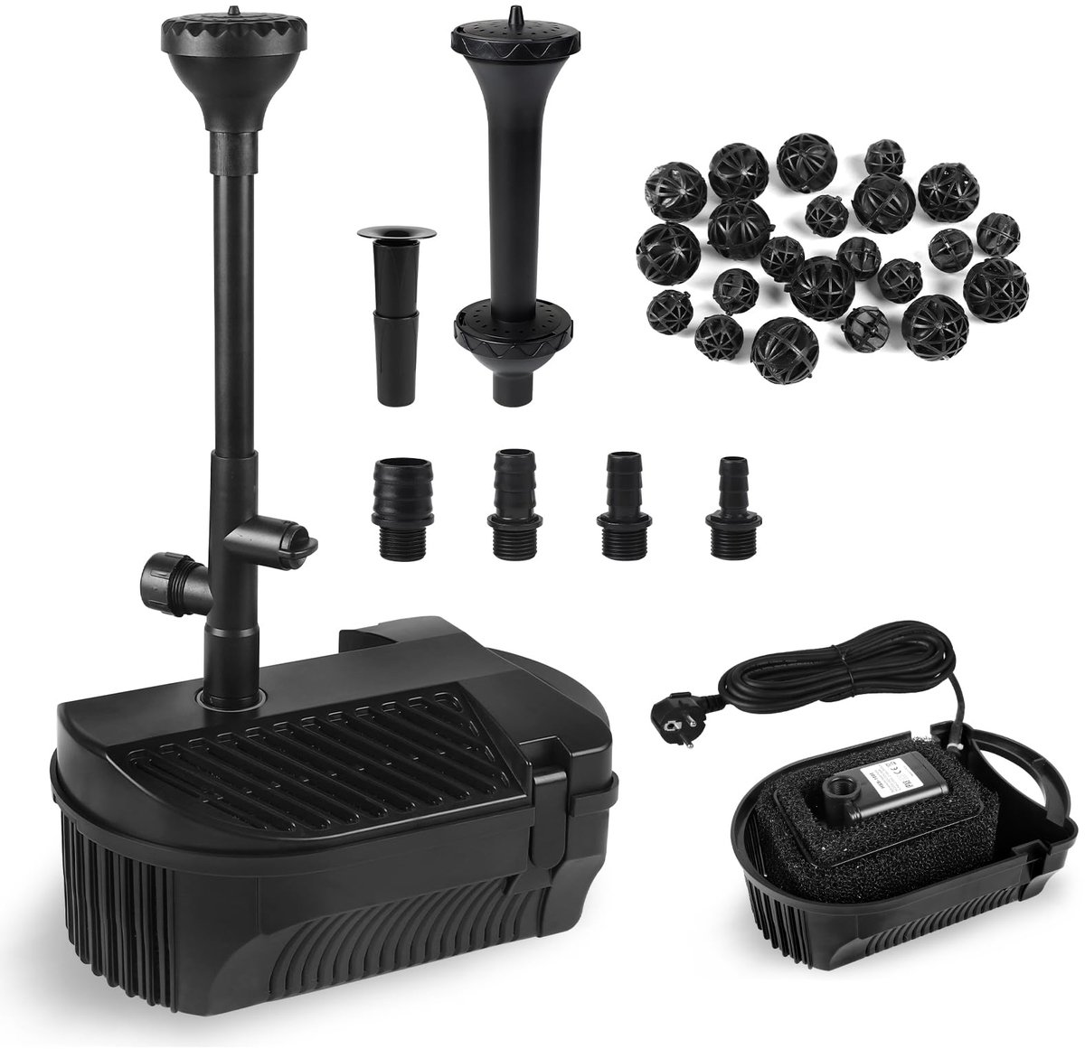 SnelShoppen - EXLECO Vijverpomp met Filter en Fonteinset 2450 l/u, 50 W, Complete Set voor Tuin, Vijver, Beekloop, Bronpomp, Koi, Biologische Vijverfi