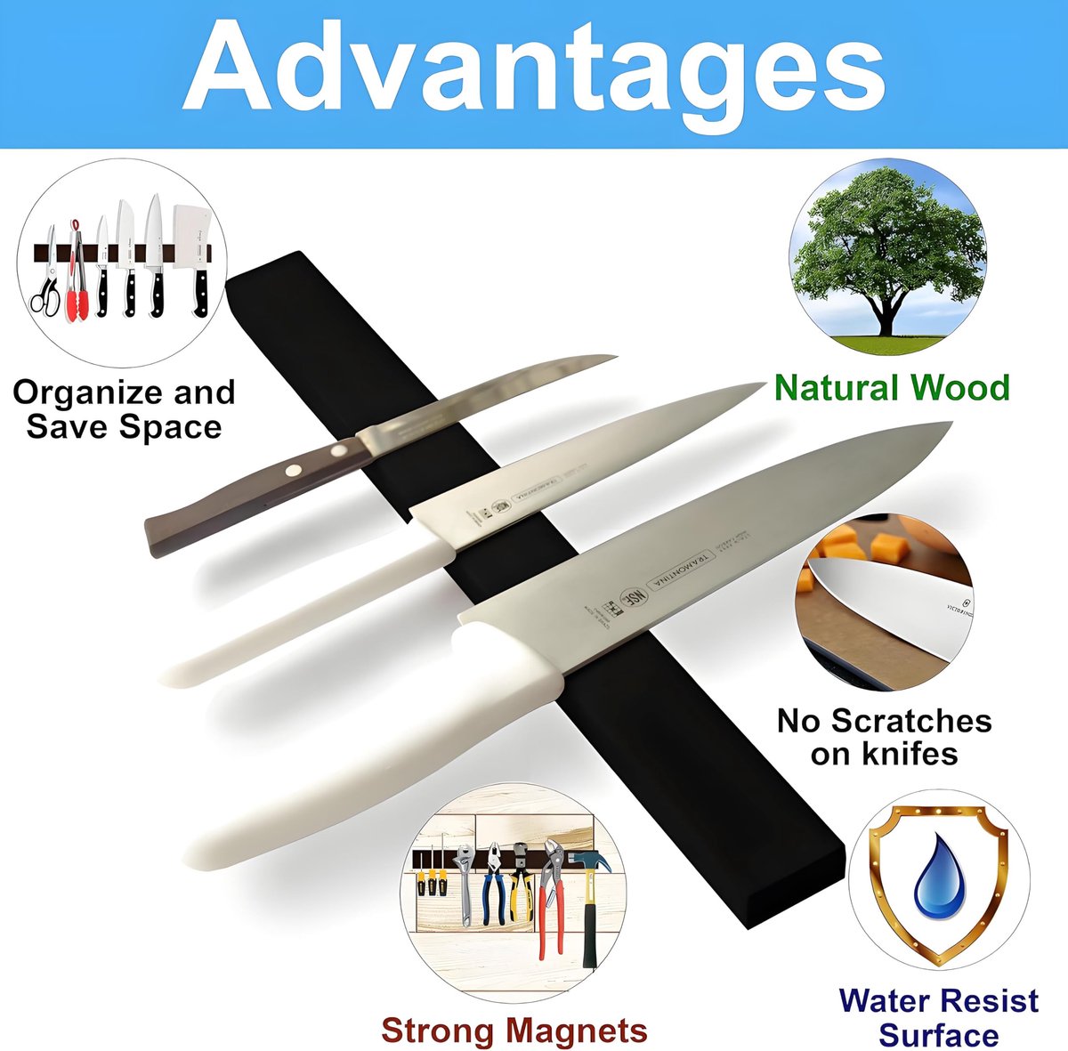 SnelShoppen - Magnetische Strip Messenrek 40 cm - Roestvrijstalen Messenhouder met 2 Haken - Zelfklevend Messenrek voor Wandmontage - Zwart - Geen Bor