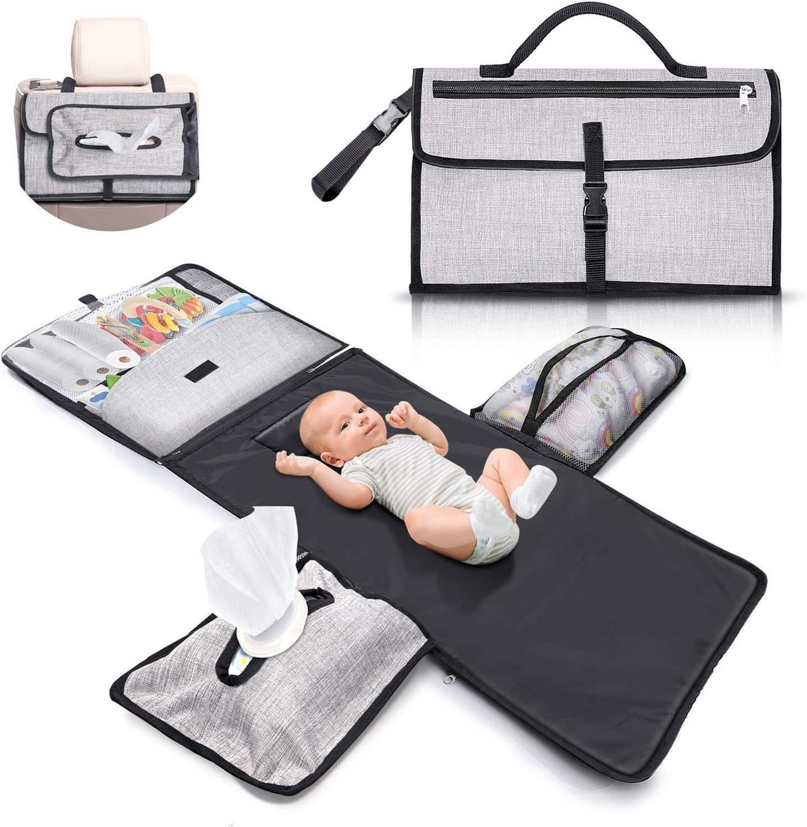Wikkelmat XL - Baby Organizer - Onderweg Luiers - Combineerbaar Afneembaar - 25 x 35 cm - Grijs