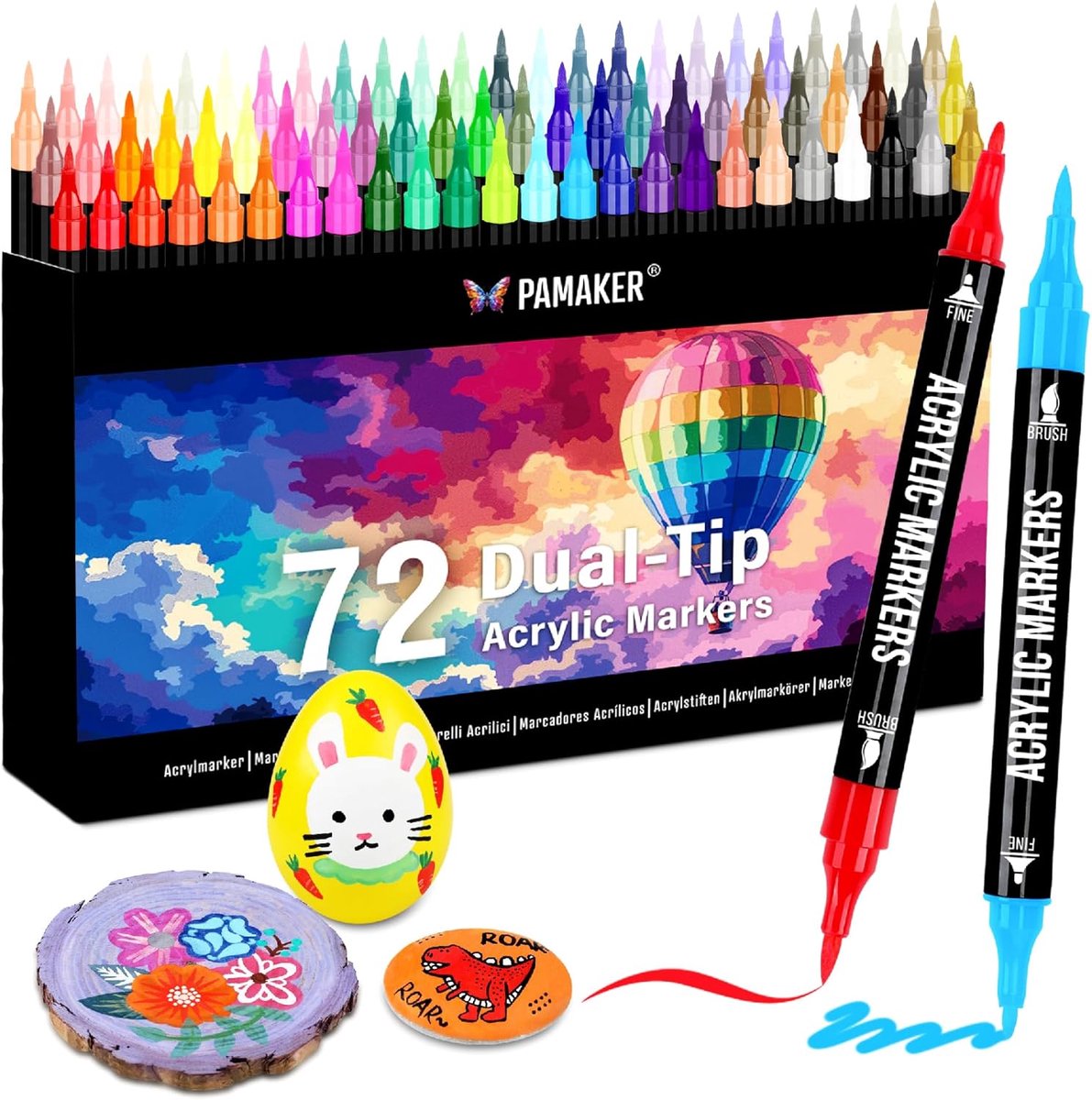 SnelShoppen - 72 Kleuren Acrylstiften Set - Acrylmarkers met Fijne Punt en Penseel voor Stof, Canvas, Glas, Hout en Papier - Perfect voor Tekenen en D