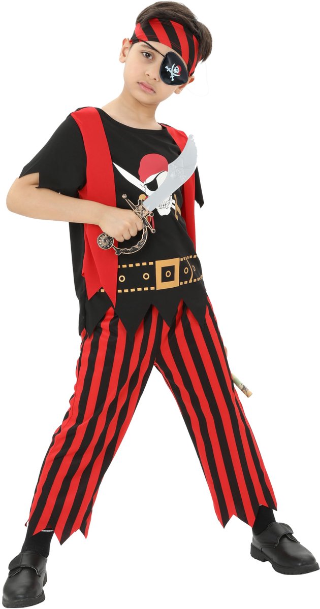 SnelShoppen - Deluxe Piraten Kostuum voor Kinderen, 8-Stukken Set voor Jongens, Piraat Aankleden met Accessoires voor Feesten, 5-6 Jaar, Kleur: Zwart-