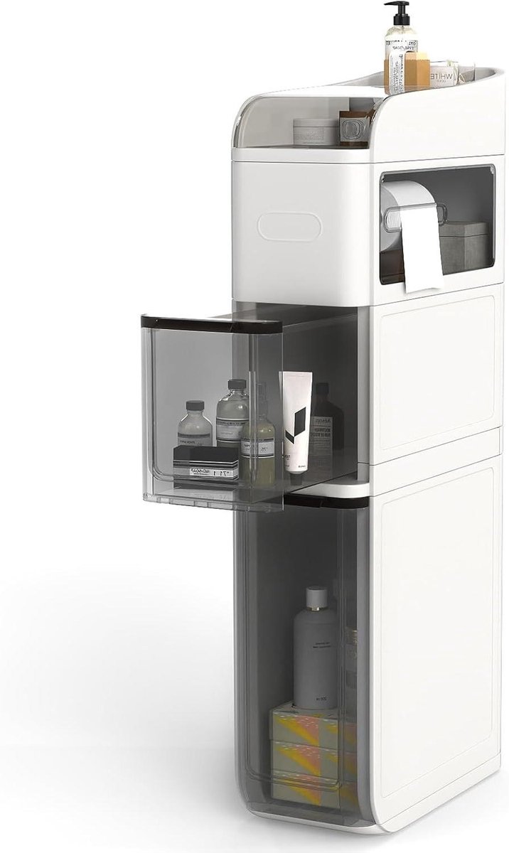 Smalle badkamerkast - Niskast op wieltjes - Ruimte Besparen - Met tissuedoos - 43 x 18 x 88 cm - Wit
